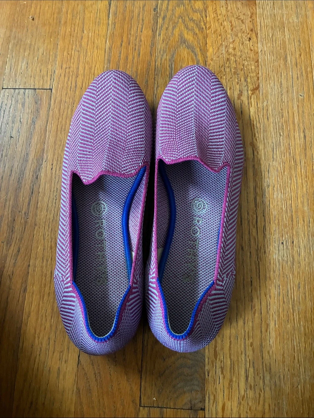 Rothy's Pink Chevron Knit Loafer with Blue Trim
